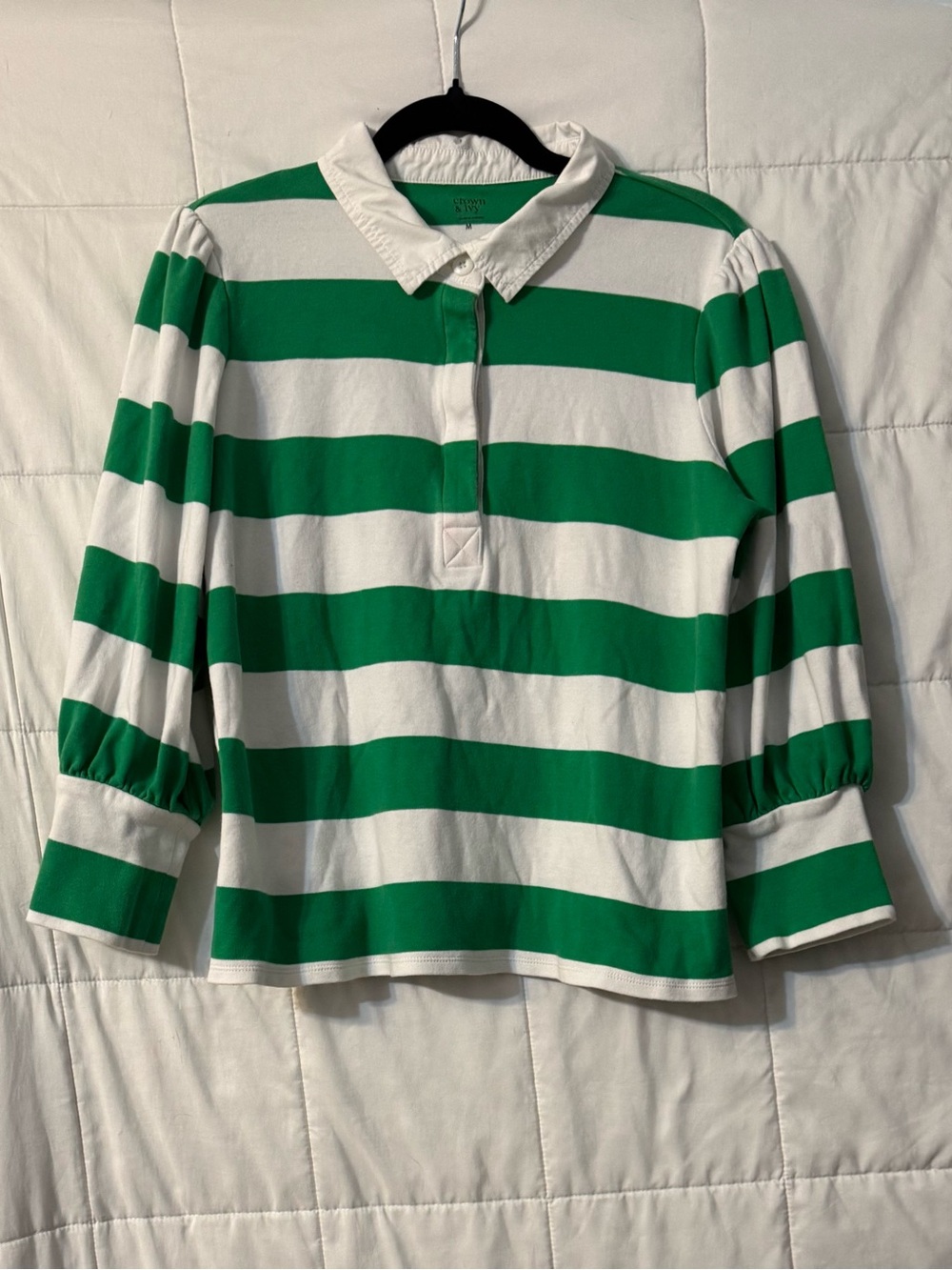 crown & ivy Green and White Striped Polo Top